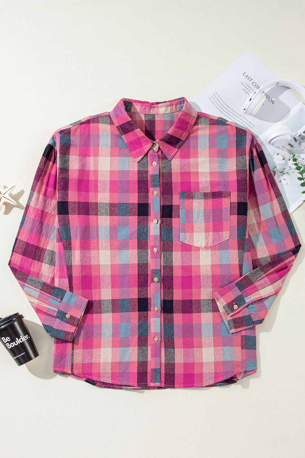 Rose Stripe Plus Size Checkered Print Button up Shirt 🇨🇳