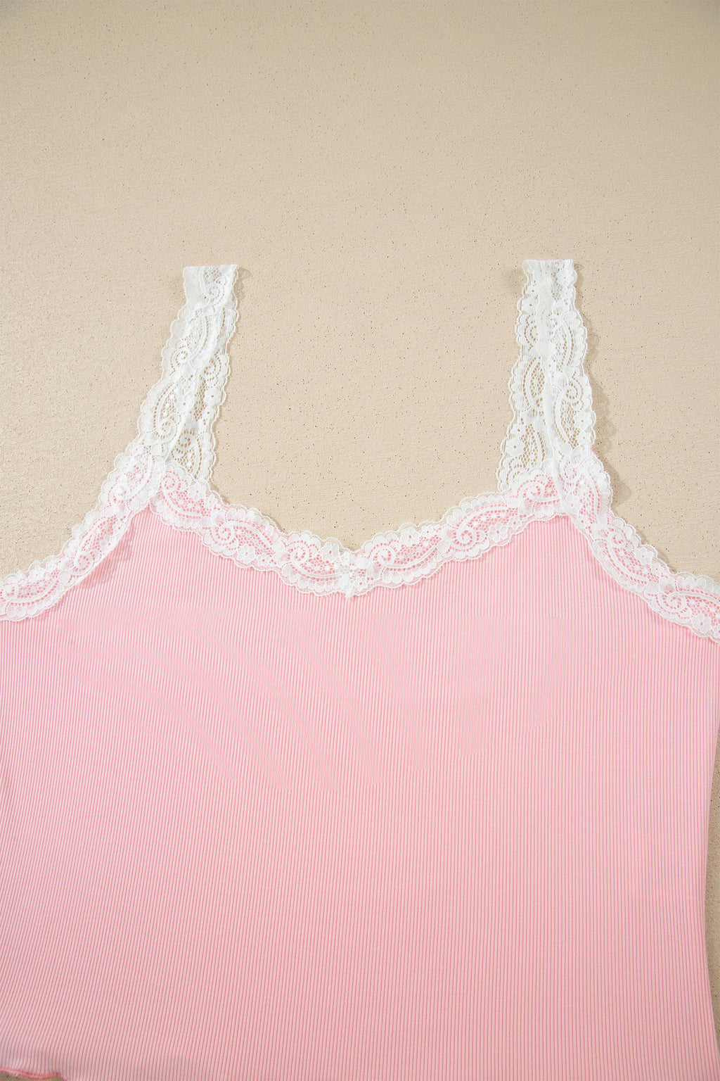 Pink Ribbed Knit Lace Straps Patchwork Lettuce Hem Cropped Top Floral Short Lounge Set 🇺🇸
