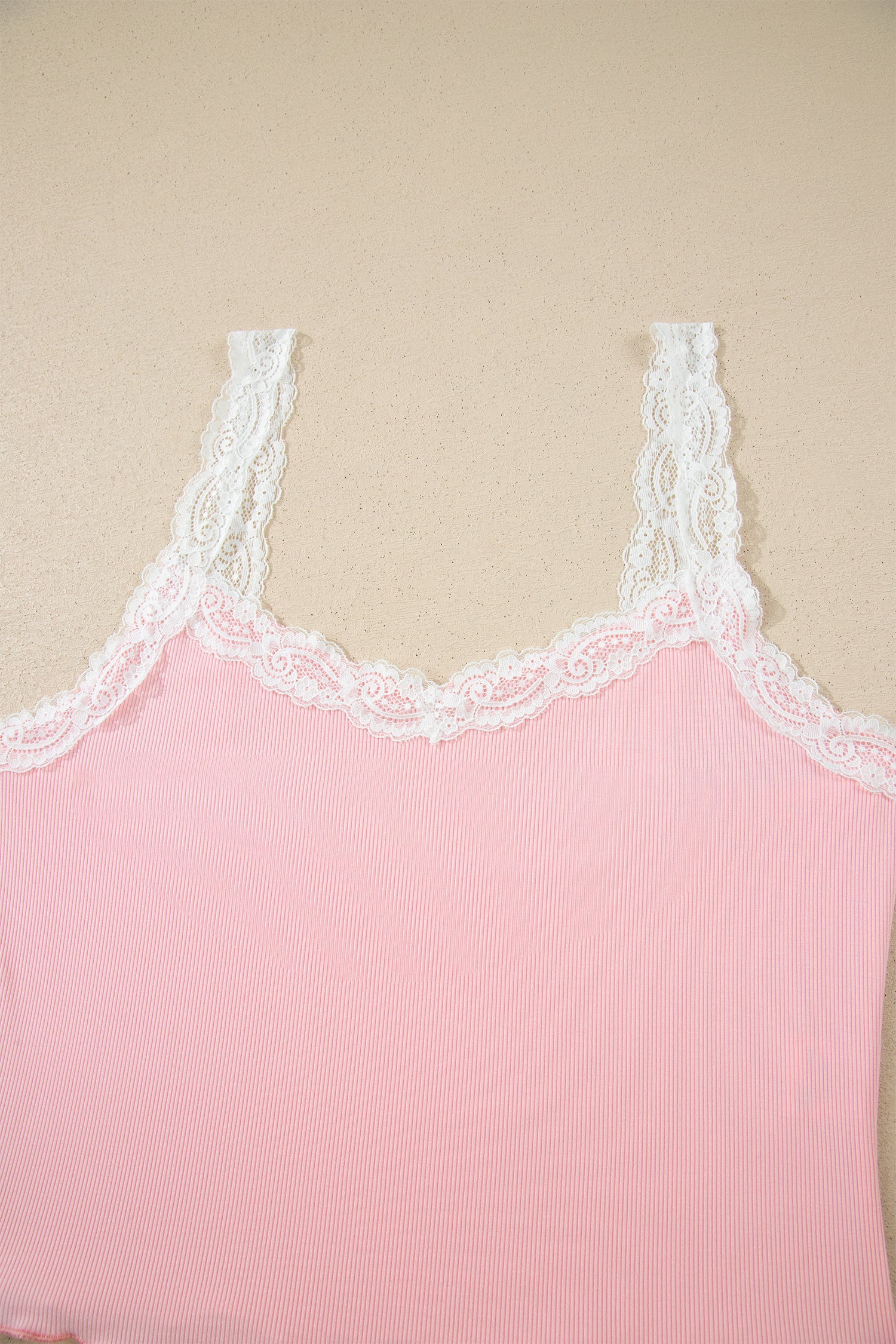 Pink Ribbed Knit Lace Straps Patchwork Lettuce Hem Cropped Top Floral Short Lounge Set 🇺🇸