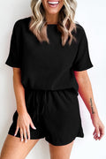 Black Casual Textured Tee and Drawstring Shorts Set 🇨🇳