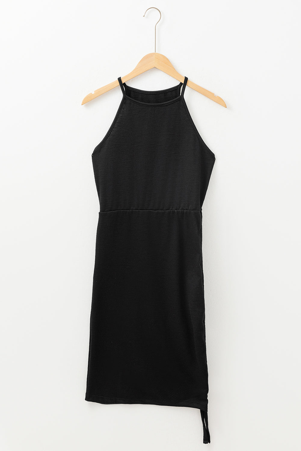 Black Racerback Ribbed Knit Drawstring Bodycon Dress 🇨🇳