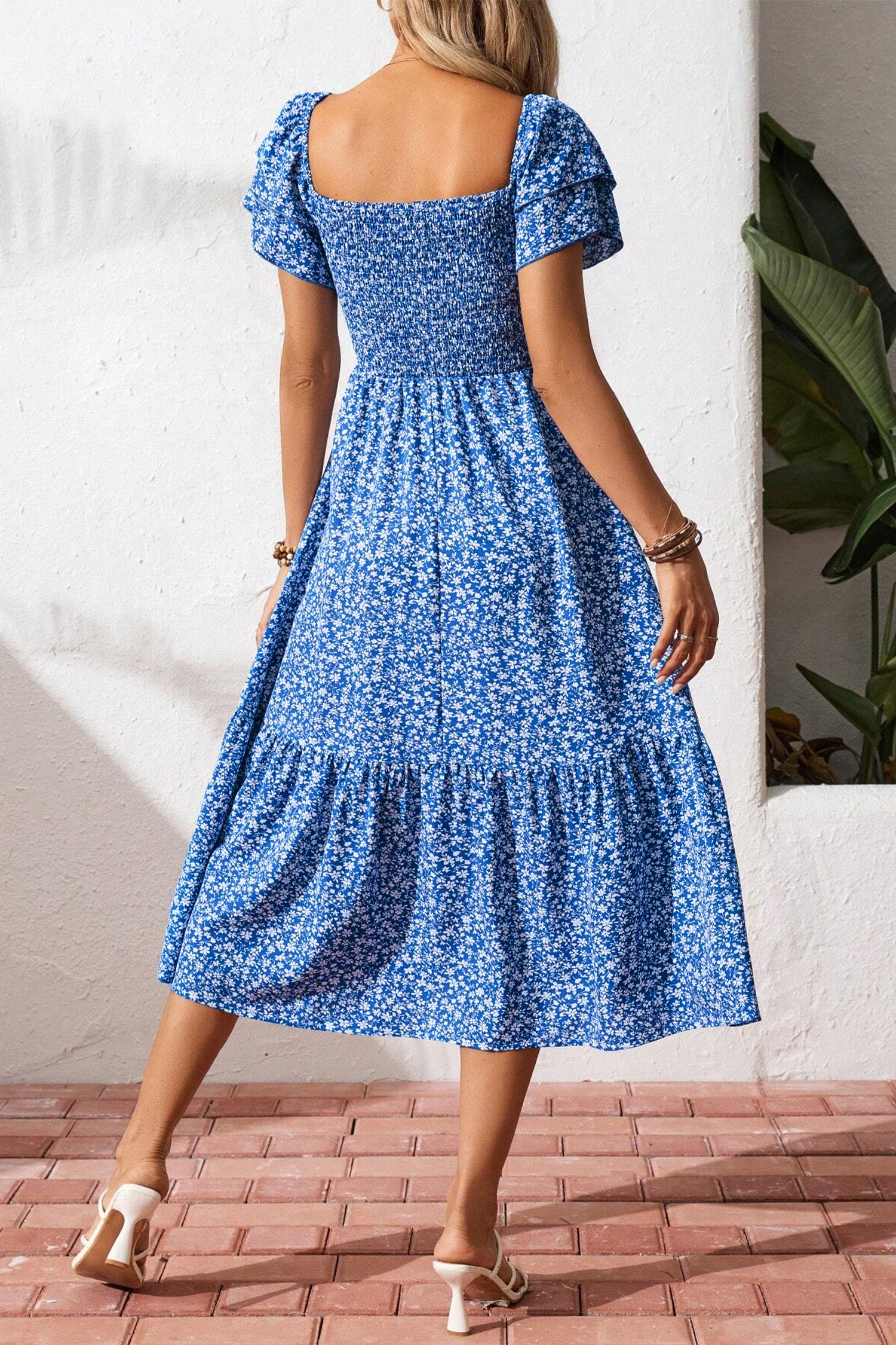 Blue Ditsy Floral Print Smocked Square Neck Ruffle Short Sleeve Dress 🇺🇸