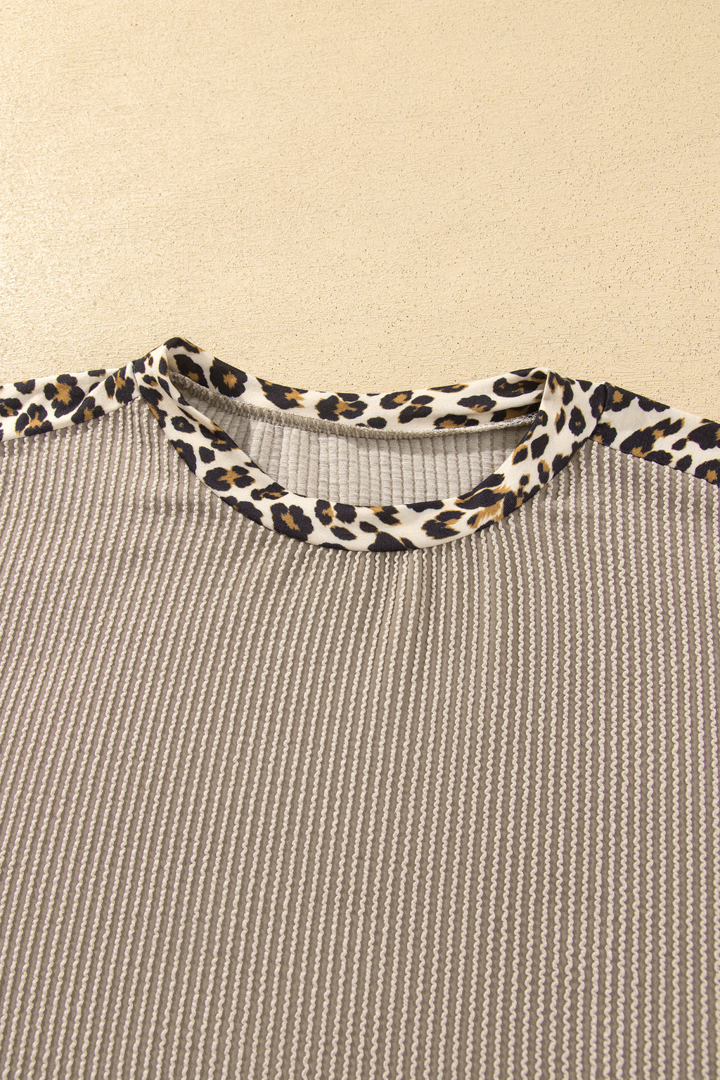 Simply Taupe Cozy Ribbed Patchwork Leopard Trim Long Sleeve 2pcs Pant Set 🇺🇸
