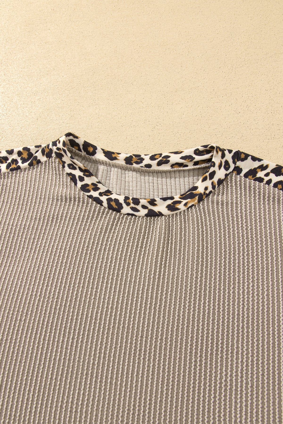 Simply Taupe Cozy Ribbed Patchwork Leopard Trim Long Sleeve 2pcs Pant Set 🇺🇸