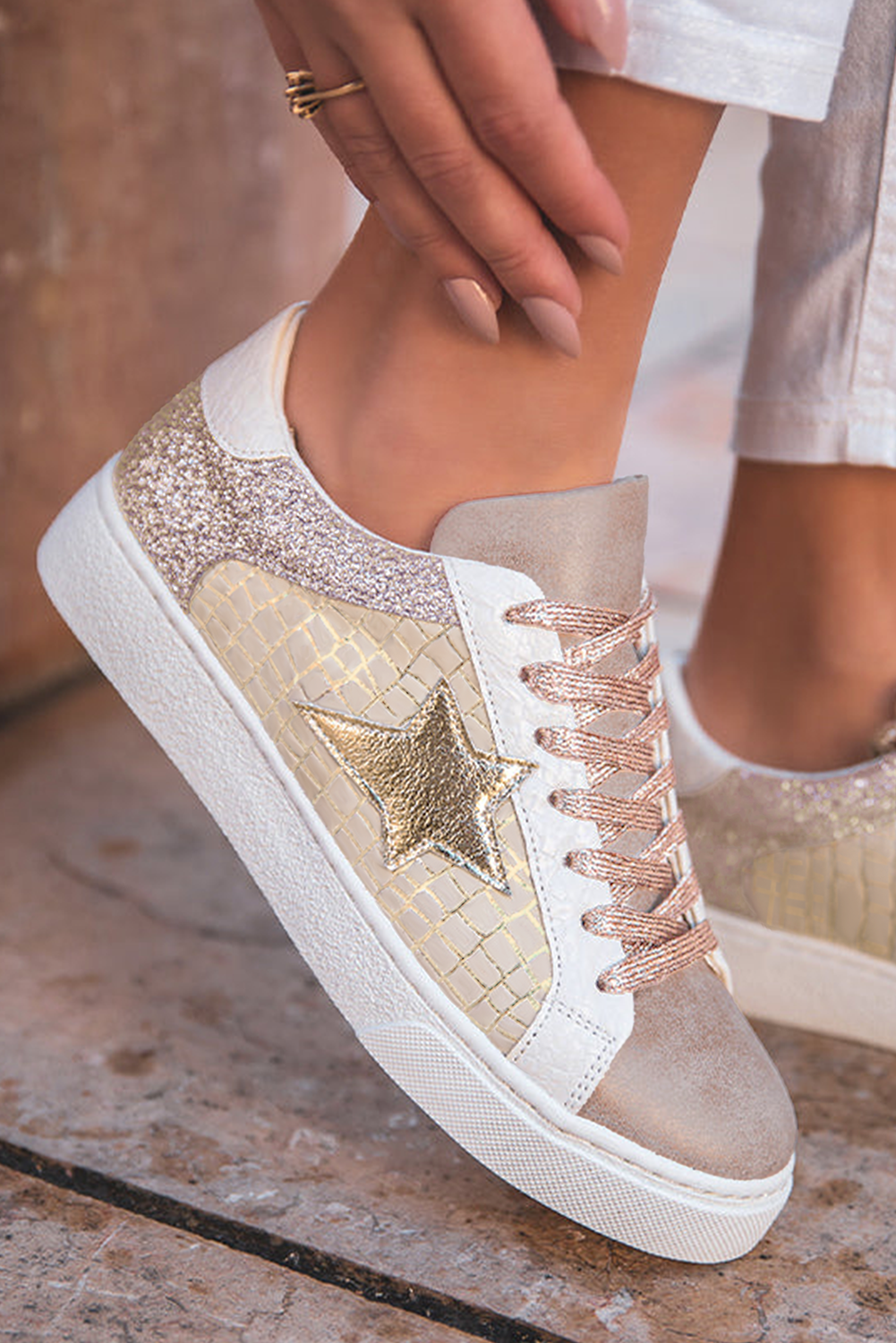 Gold Glitter Star Patchwork PU Leather Lace-up Sneakers 🇺🇸