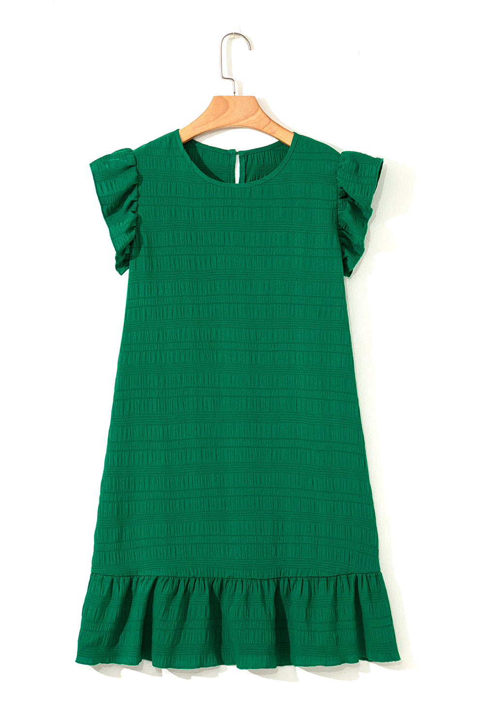 Dark Green Textured Flutter Sleeve Ruffled Mini Dress 🇨🇳