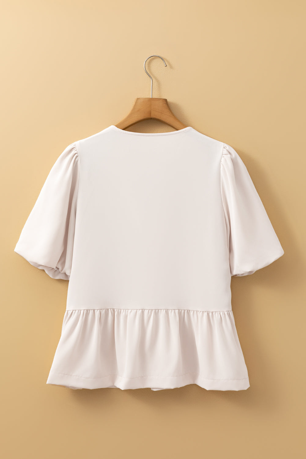 White Bow Tie Short Puff Sleeve Ruffle Hem Blouse 🇺🇸