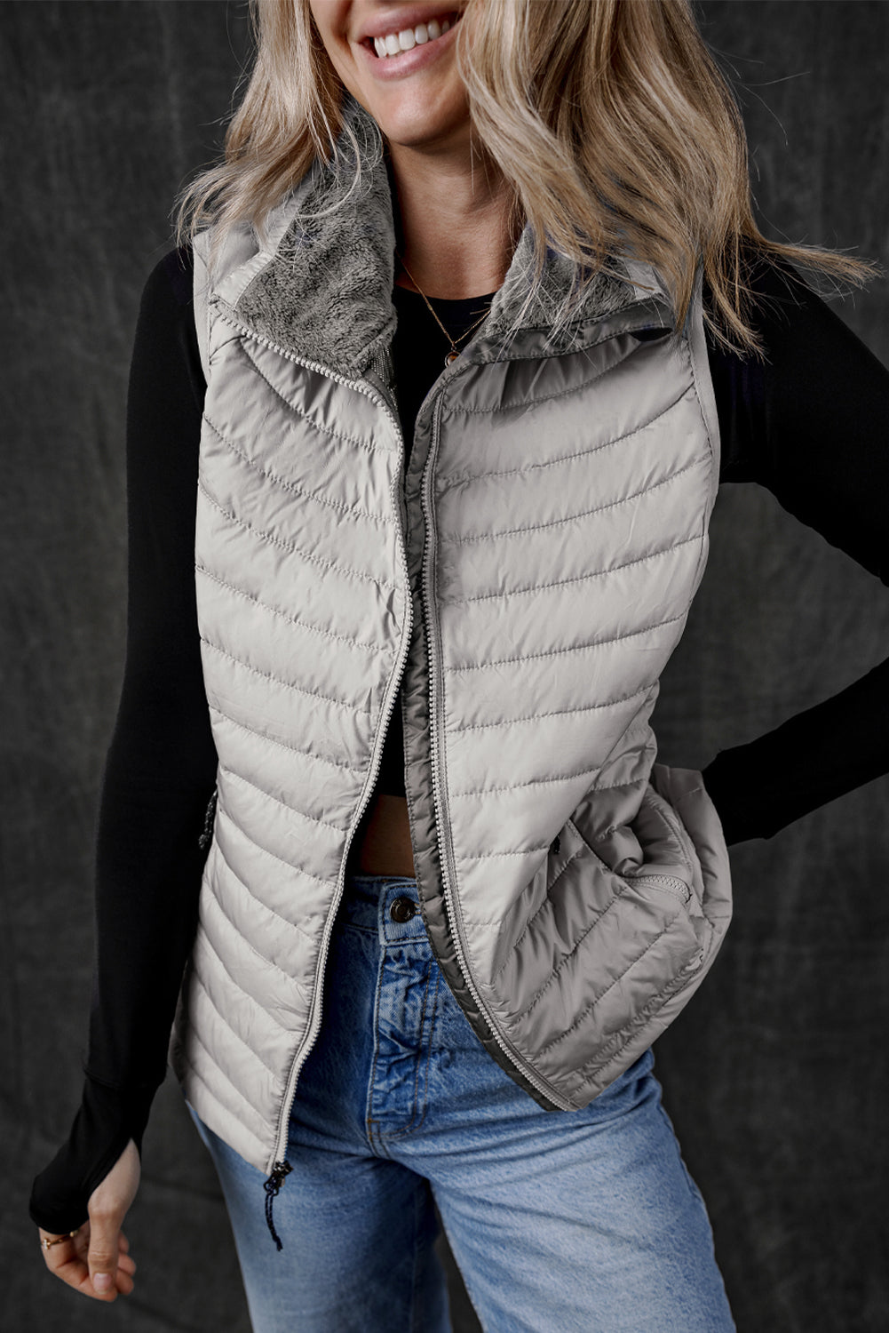 Silvery Plush Collared Quilted Zipped Puffer Vest 🇺🇸