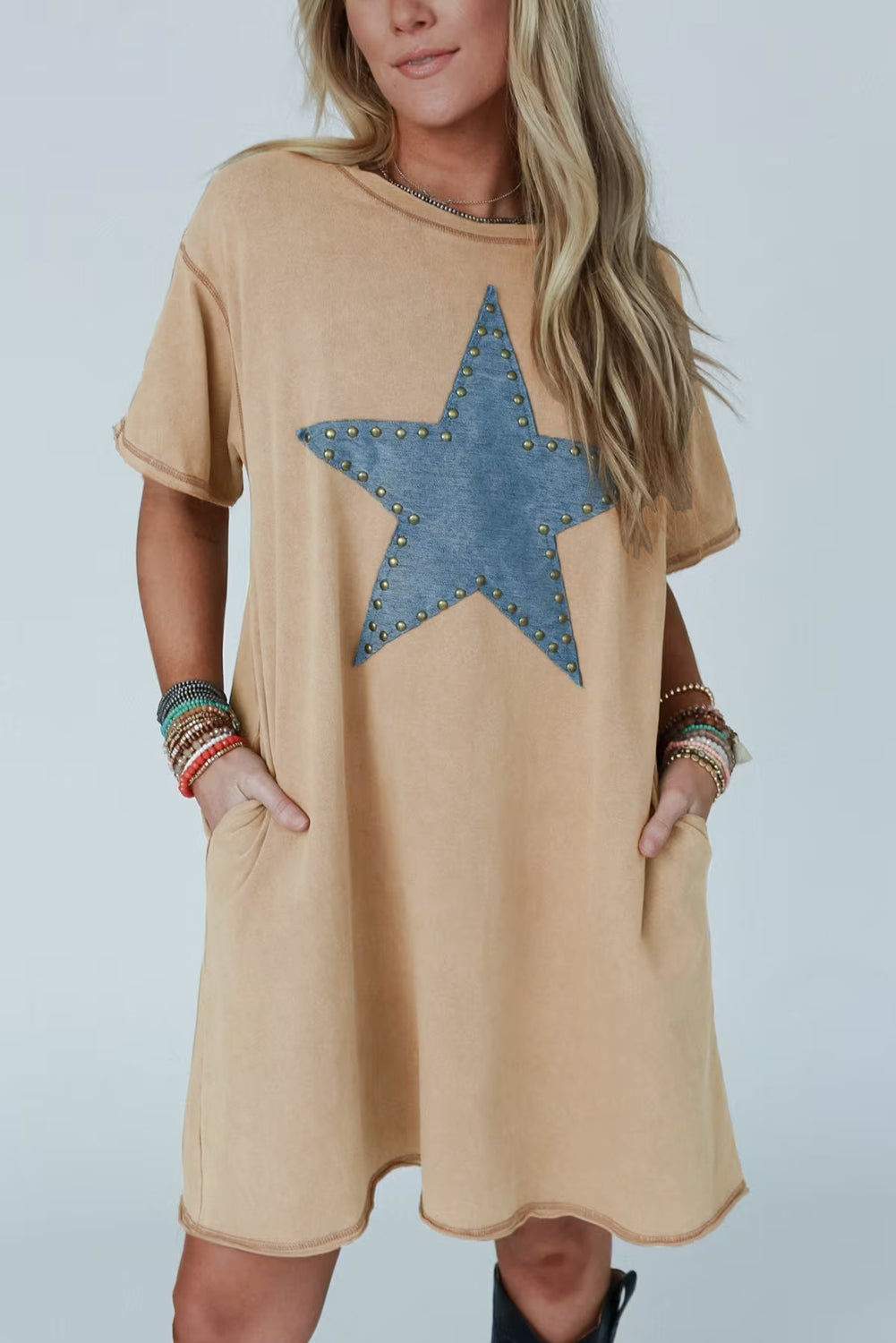 Pale Khaki Mineral Wash Stud Beaded Star Graphic Pocketed T Shirt Dress 🇨🇳