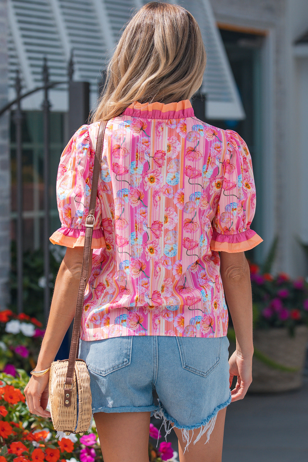 Pink Poppy Flower Striped Print Color Block Trim V Neck Short Sleeve Blouse 🇺🇸