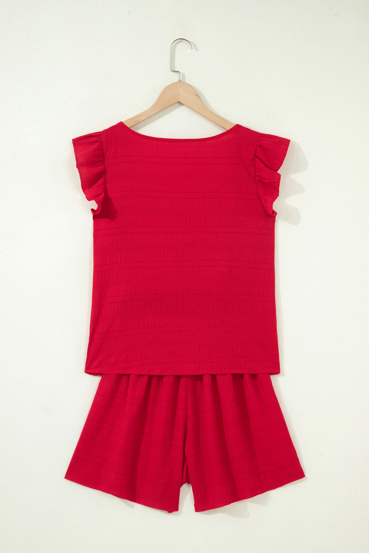 Fiery Red Textured Square Neck Top and Shirred High Waist Shorts Set 🇺🇸