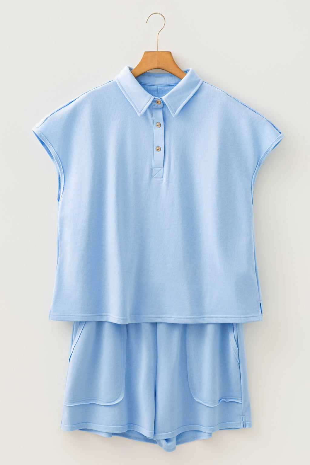 Mist Blue Solid Color Polo Tee Elastic Waist Shorts Plus Size Outfit 🇺🇸
