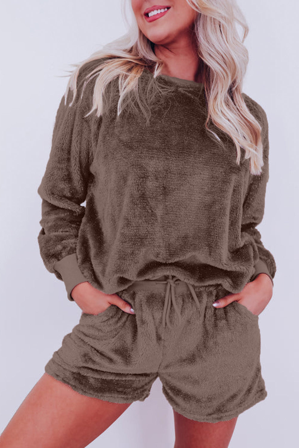 Coffee Solid Loose Fit Two Piece Fleece Lounge Set 🇨🇳