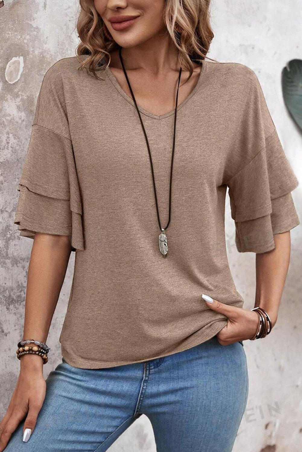 DUNE Solid Colour V-Neck Double Layer Sleeve Loose T-Shirt 🇺🇲