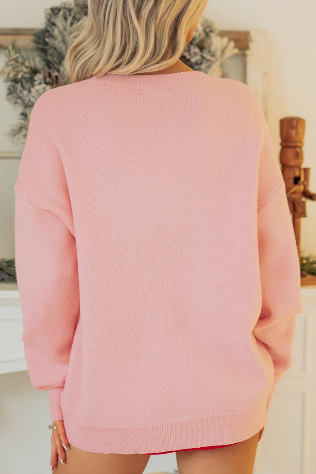 Gossamer Pink Drop Shoulder Round Neck Towel Embroidery Slogan Pullover Sweater 🇺🇸