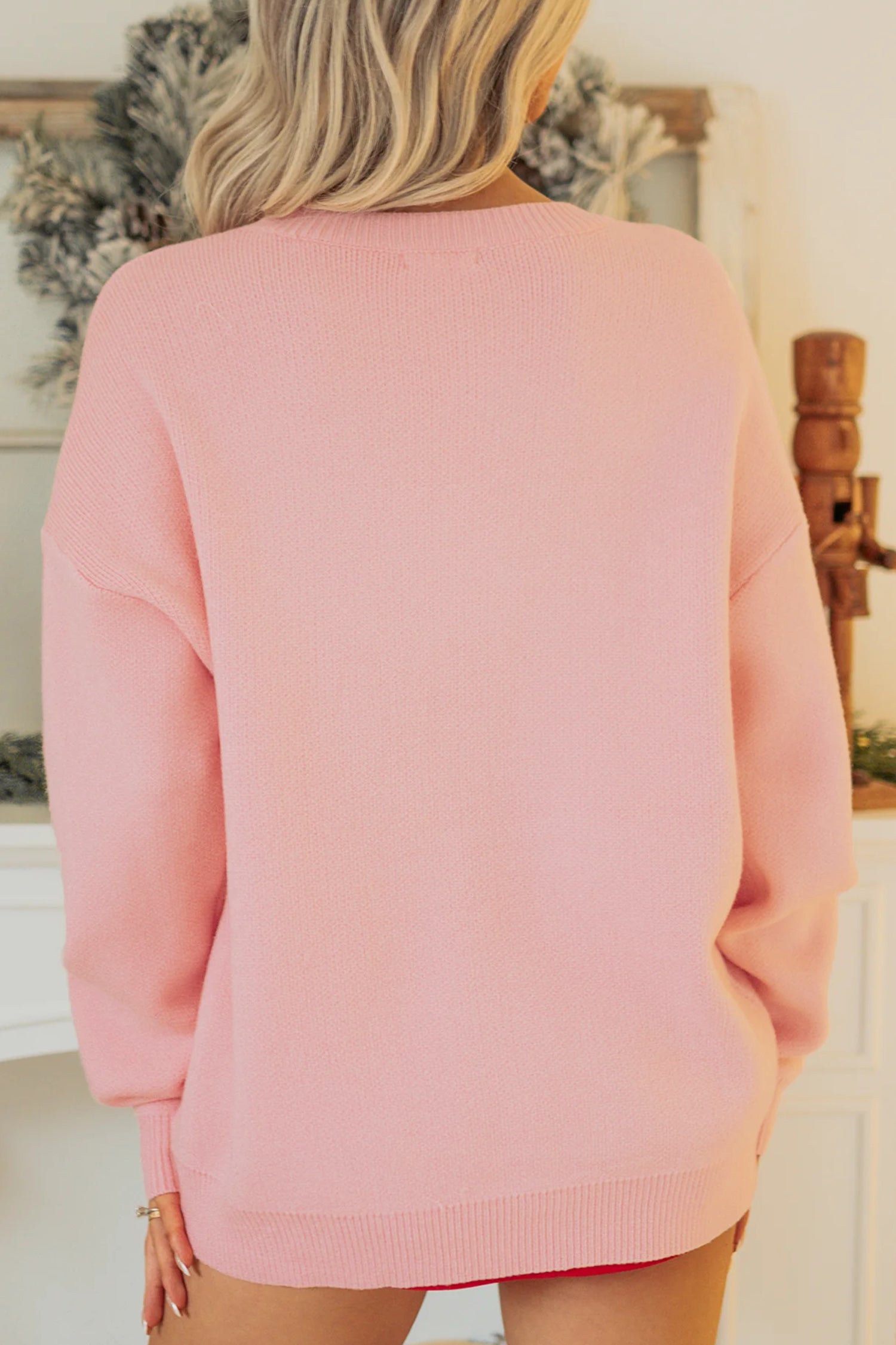 Gossamer Pink Drop Shoulder Round Neck Towel Embroidery Slogan Pullover Sweater 🇺🇸
