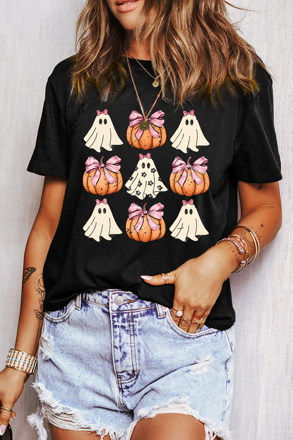 Black Bowknot Ghost Pumpkin Graphic Halloween T Shirt 🇺🇲