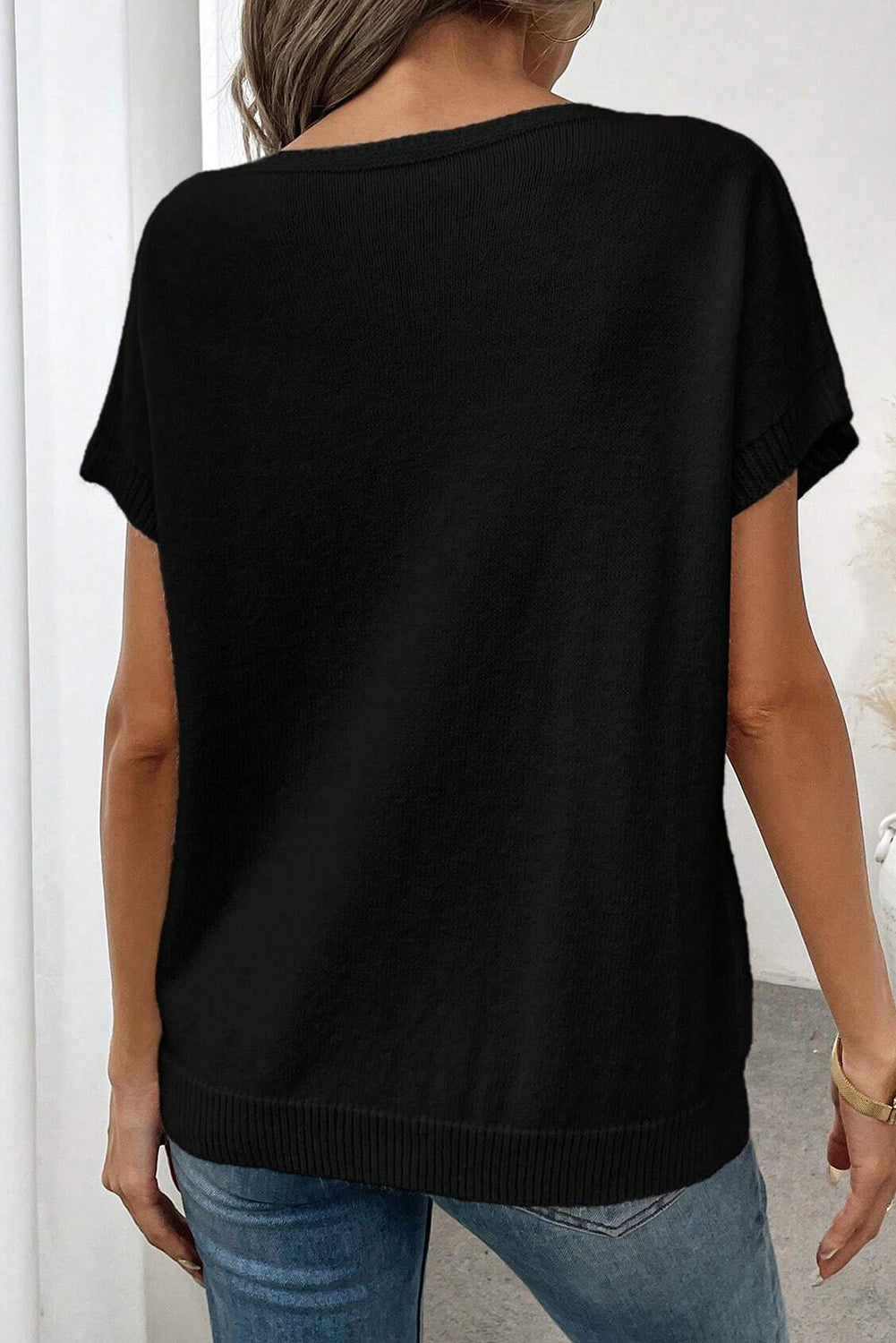 Black Bow Pattern Knit Short Sleeve Sweater 🇺🇲