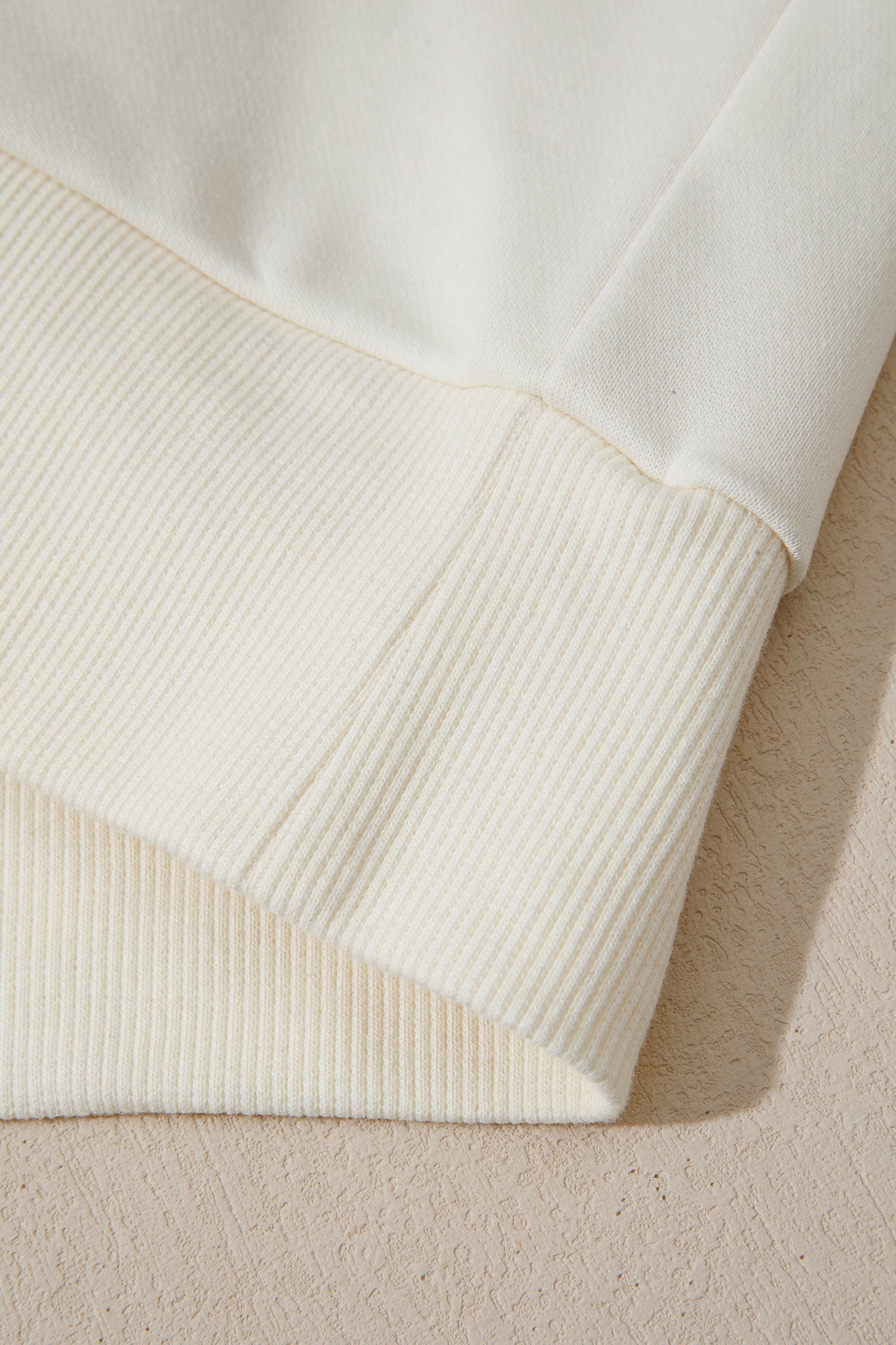 Beige Solid Color Textured Sleeve Patchwork Half Zip Hoodie 🇺🇸