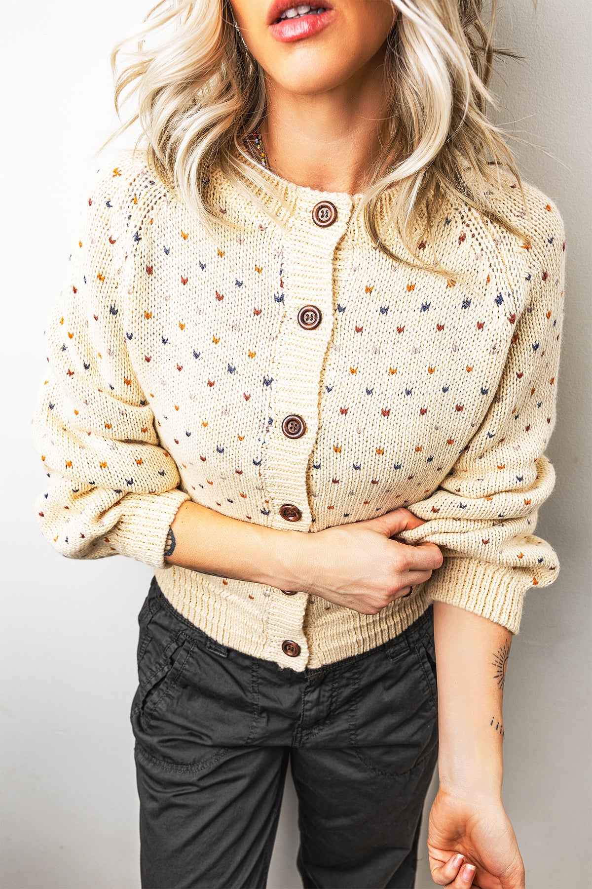 Beige Geometric Print Button Front Long Sleeve Regular Fit Cardigan 🇺🇸