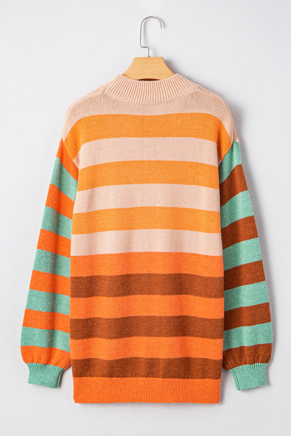 Orange Stripe Color Block High Neck Drop Shoulder Cozy Sweater 🇺🇲