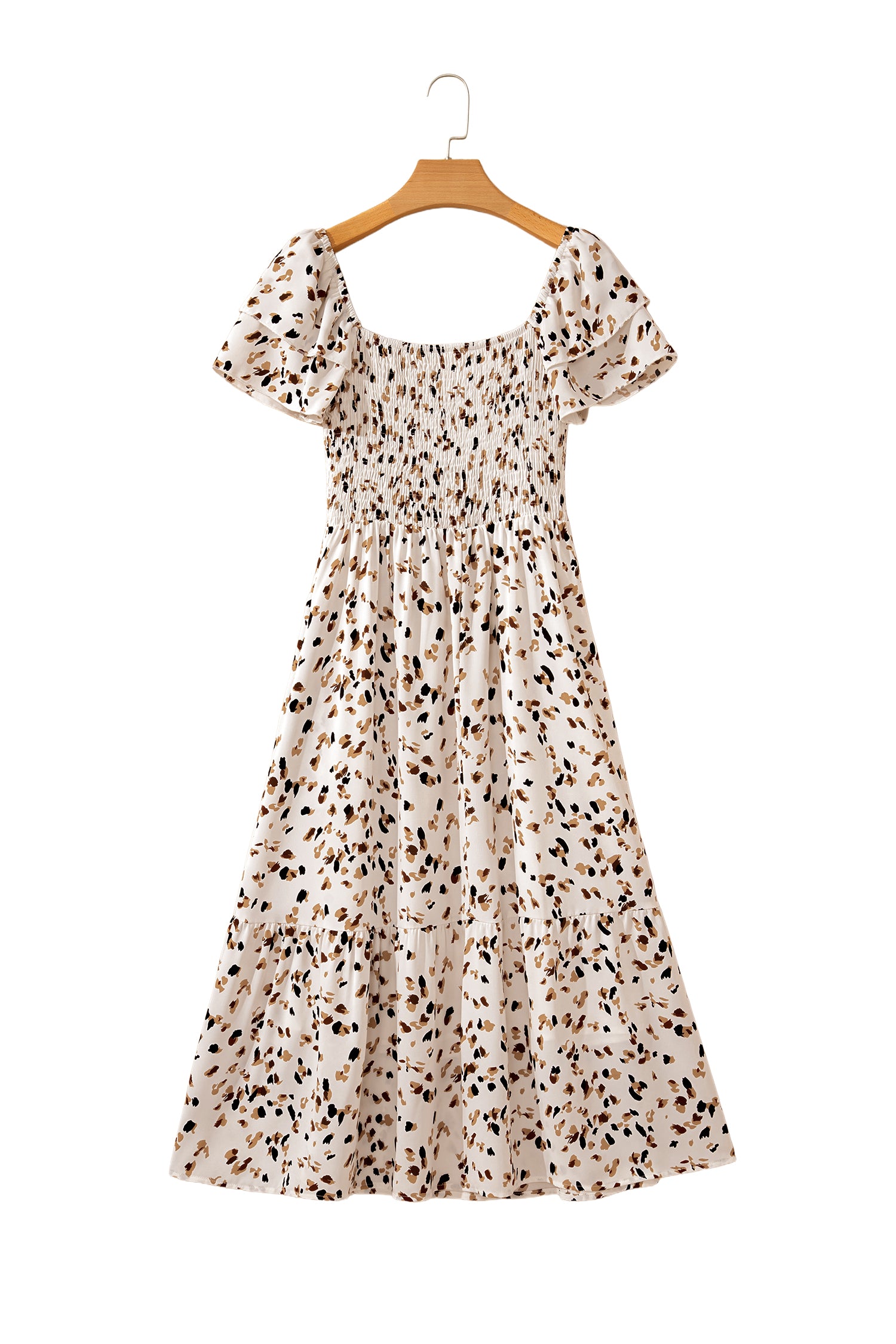 Beige Ditsy Floral Print Smocked Square Neck Ruffle Short Sleeve Dress 🇺🇸