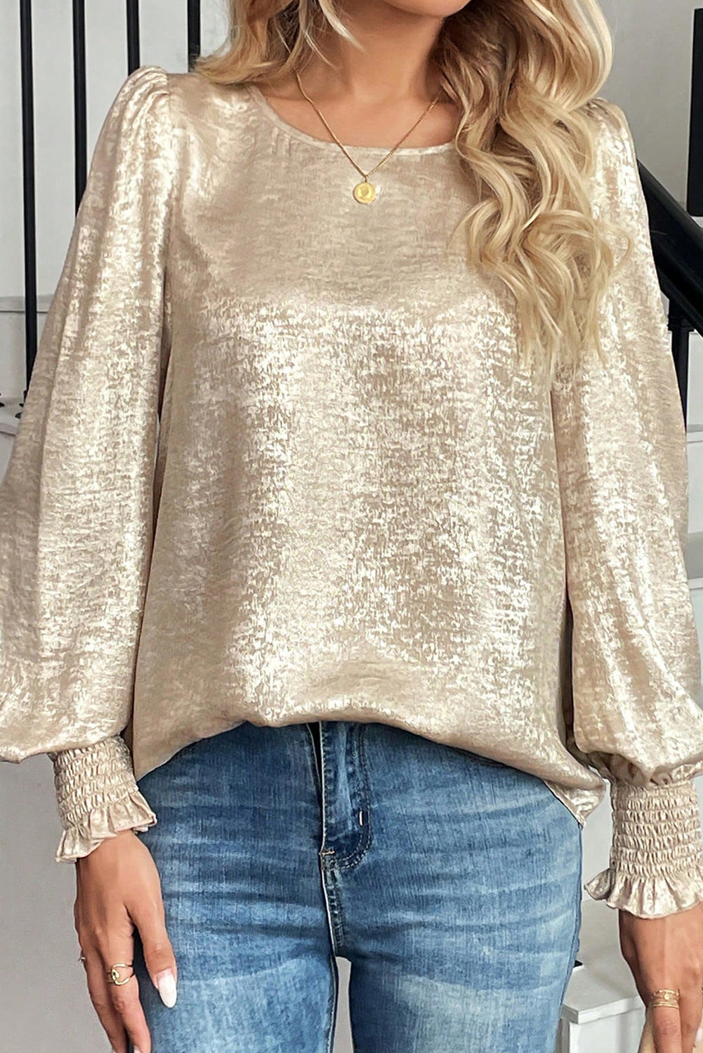 Apricot Metallic Round Neck Smocked Long Sleeve Blouse 🇺🇸
