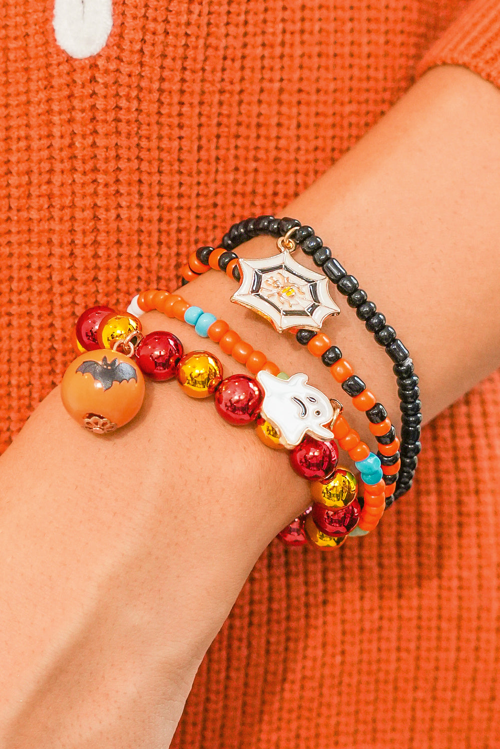 Orange 4pcs Halloween Ghost Spider Web Beaded Bracelet Set 🇺🇸