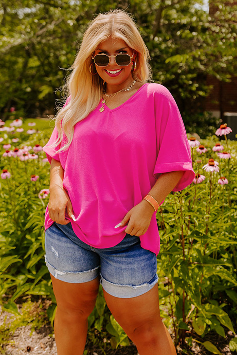 Bright Pink Seamed Back High Low Hem V Neck Cuffed Sleeve Plus Size Tee 🇺🇲
