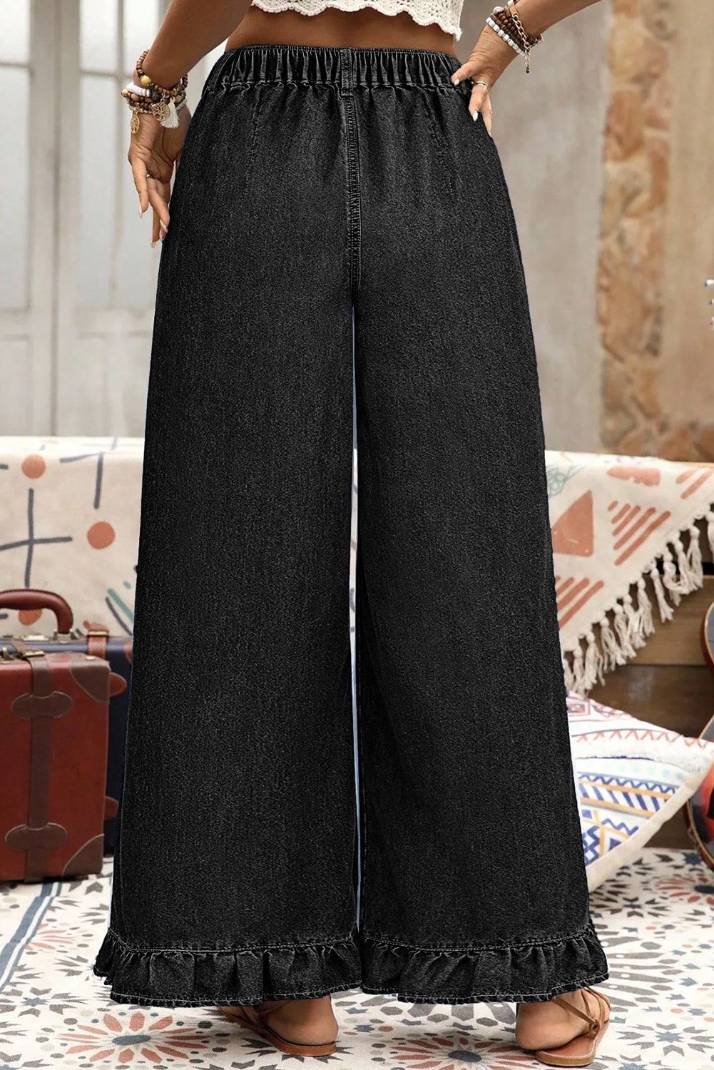 Black Plus Size Elastic Waist Ruffled Wide Leg Denim Pants 🇺🇸