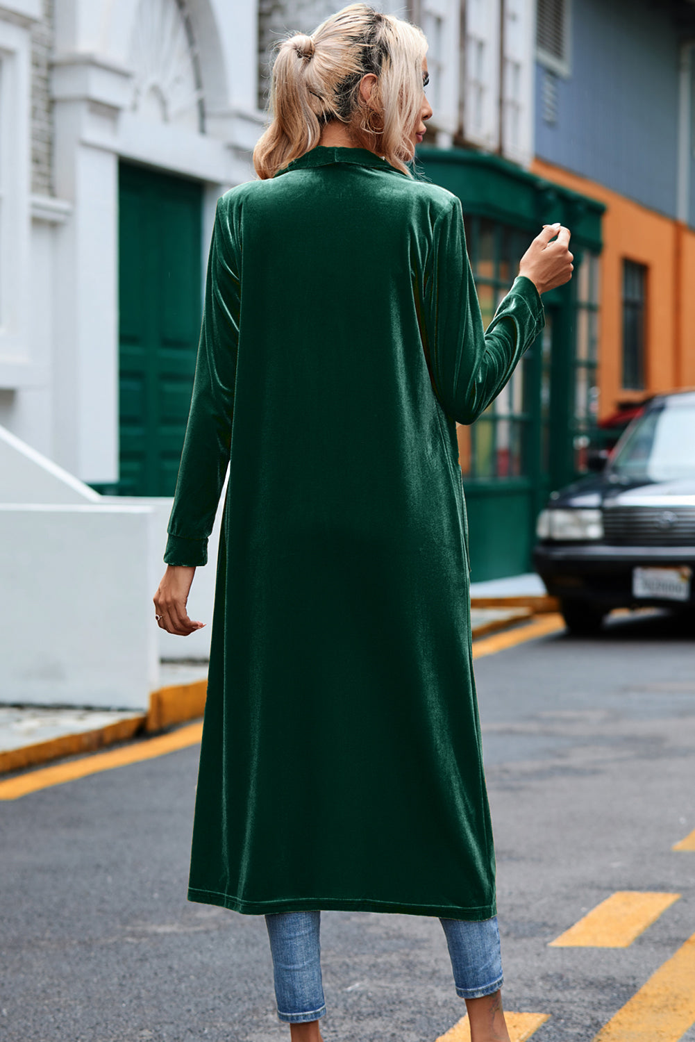Green Velvet Open Front Pocketed Long Duster 🇨🇳