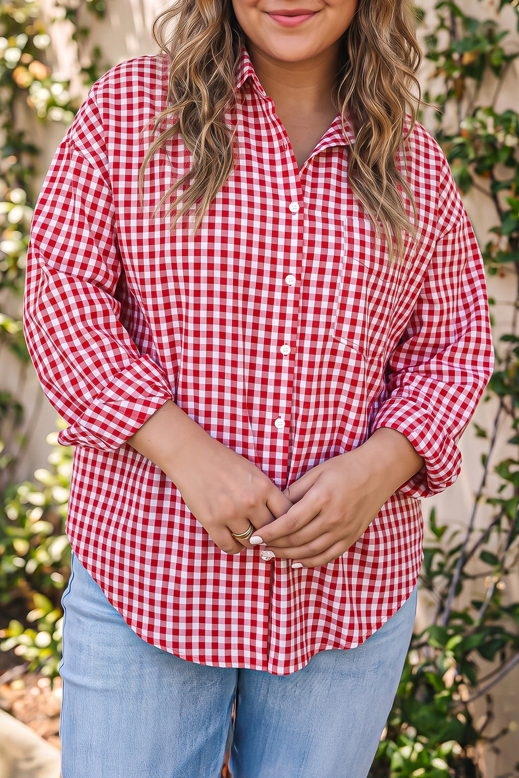 Red Plaid V Neck Long Sleeve Tunic Loose Fit Plus Size Shirt 🇺🇸