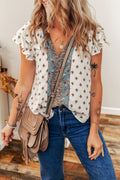 White Boho Pattern Tiered Ruffled Sleeve V Neck Buttoned Blouse 🇺🇲