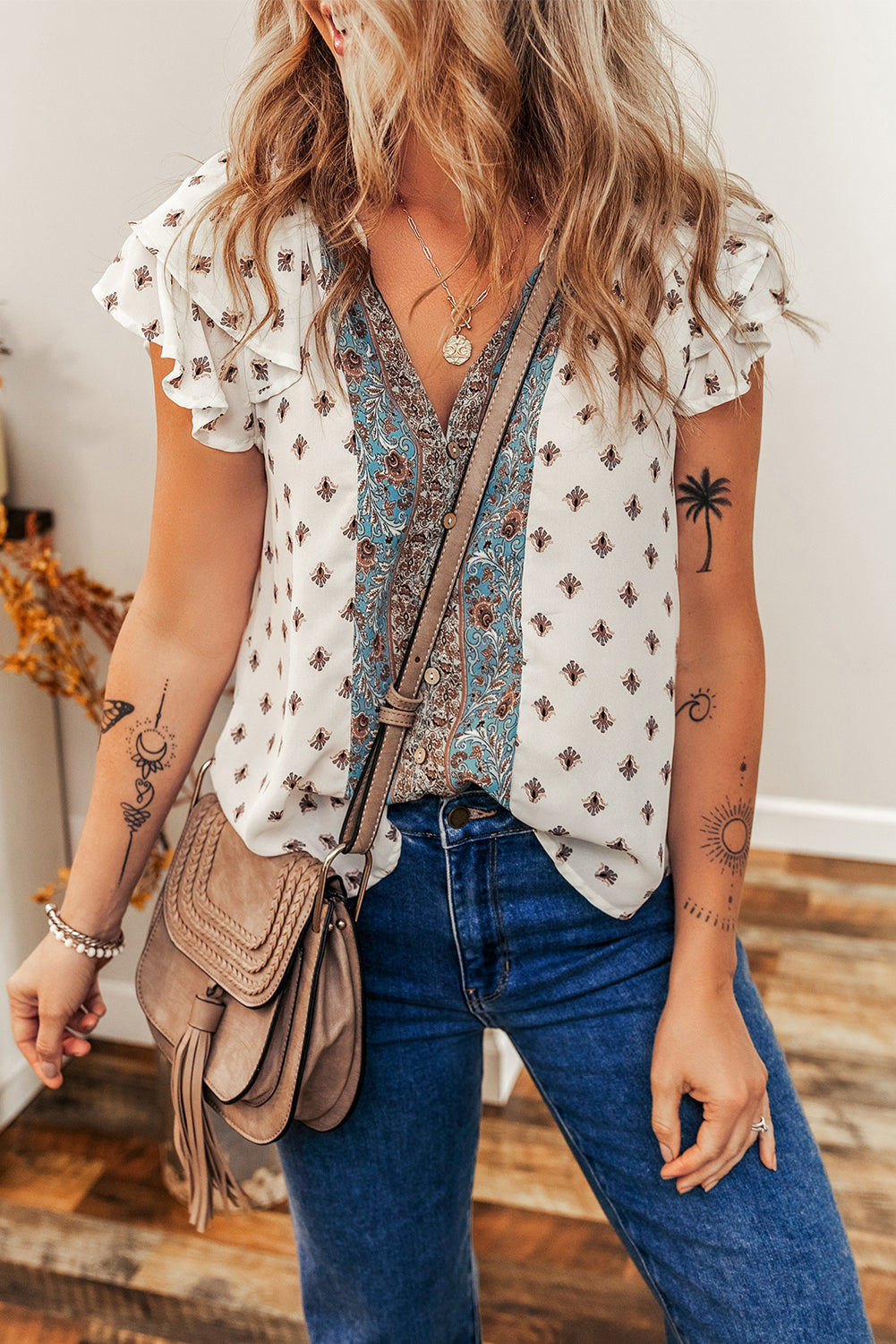 White Boho Pattern Tiered Ruffled Sleeve V Neck Buttoned Blouse 🇺🇲