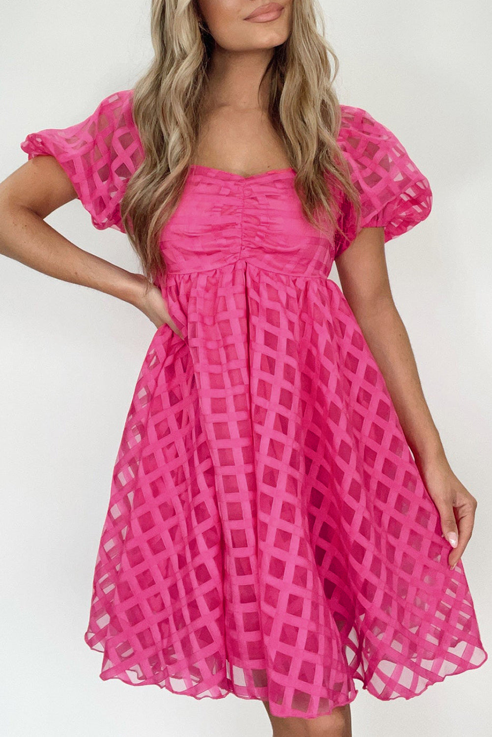 Strawberry Pink Checkered Puff Sleeve Babydoll Dress 🇺🇸
