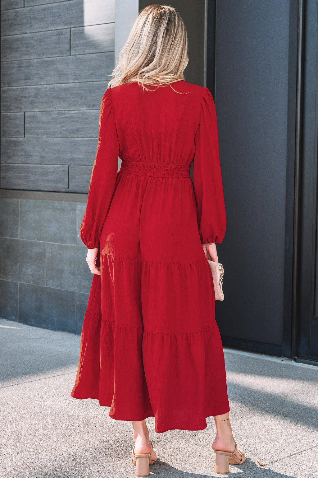 Racing Red Contrast Embroidered Detail Cinched Waist Tiered Long Sleeve Maxi Dress 🇺🇸