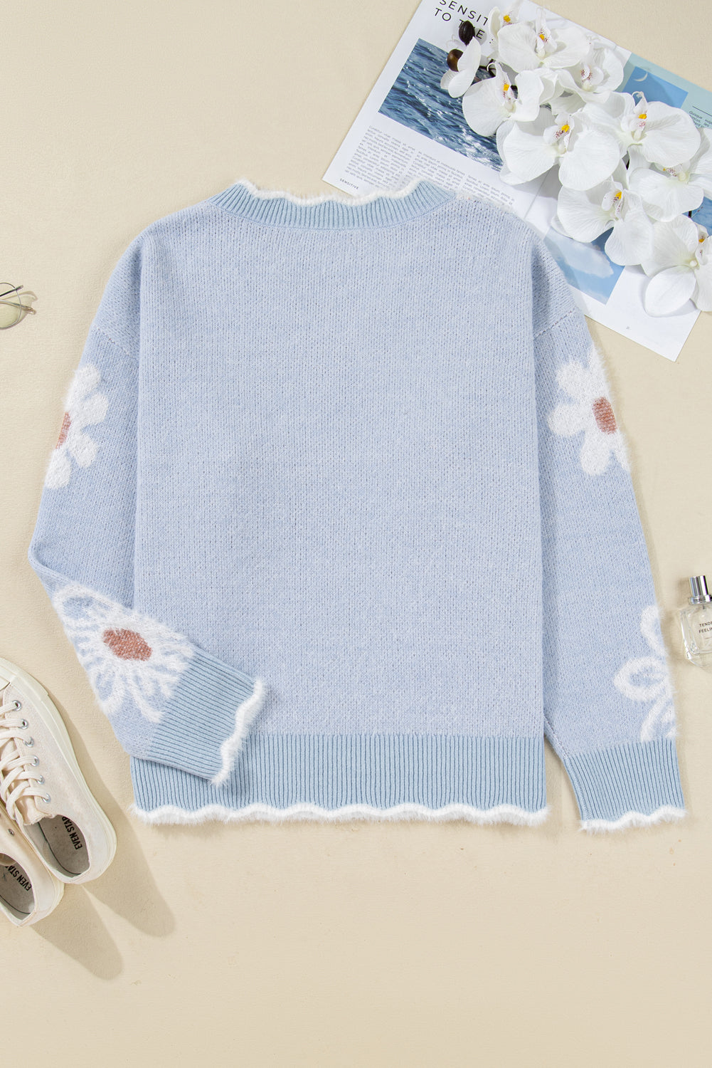 Gray Fuzzy Flower Scalloped V Neck Plus Sweater 🇺🇸