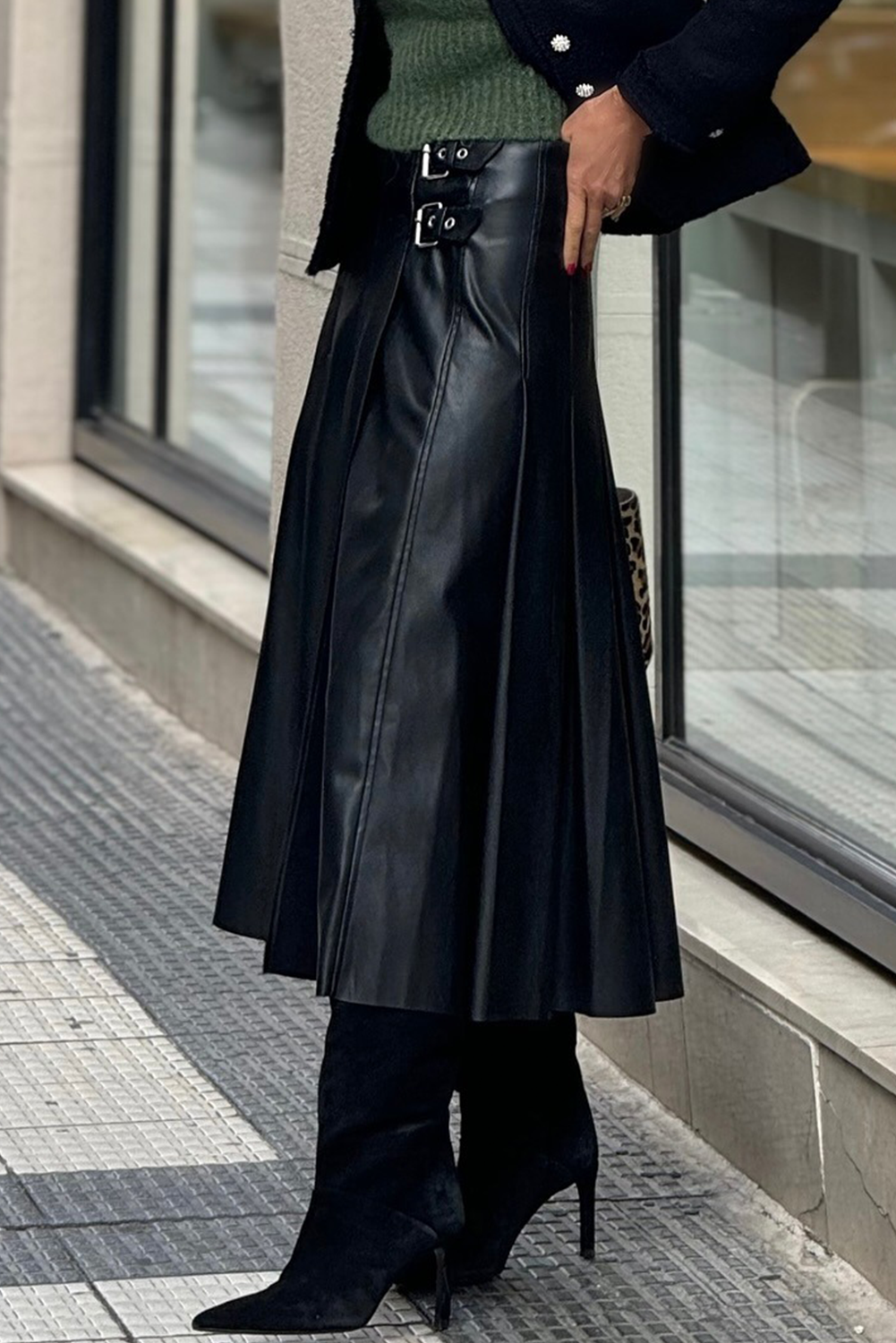 Black Faux Leather Retro Buckle Detail Pleated Stitch Flared Midi Skirt 🇺🇸
