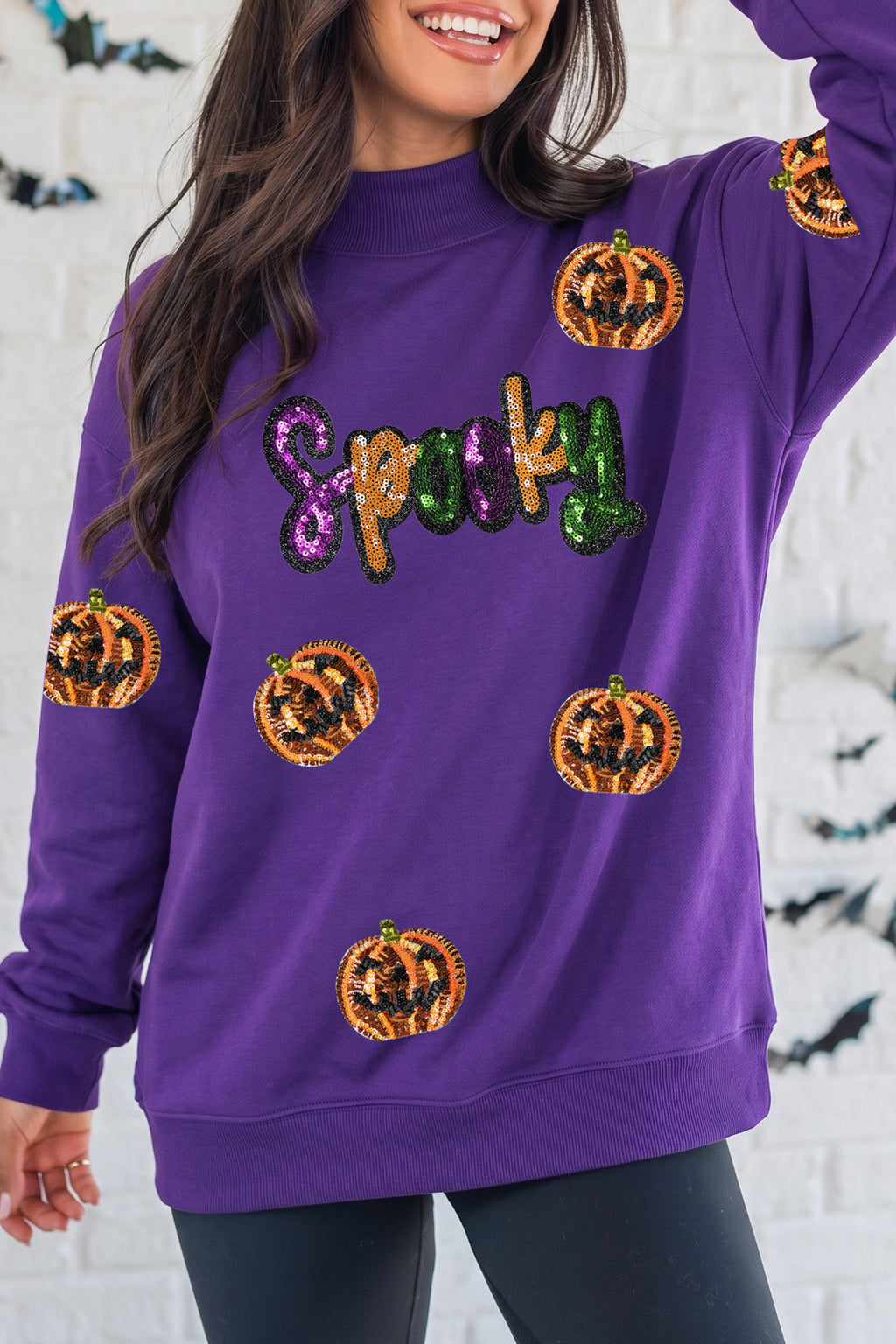 Tillandsia Purple Sequin Pumpkin Spooky Graphic Halloween Pullover Sweatshirt 🇺🇸