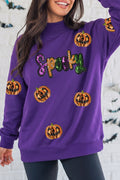 Tillandsia Purple Sequin Pumpkin Spooky Graphic Halloween Pullover Sweatshirt 🇺🇸
