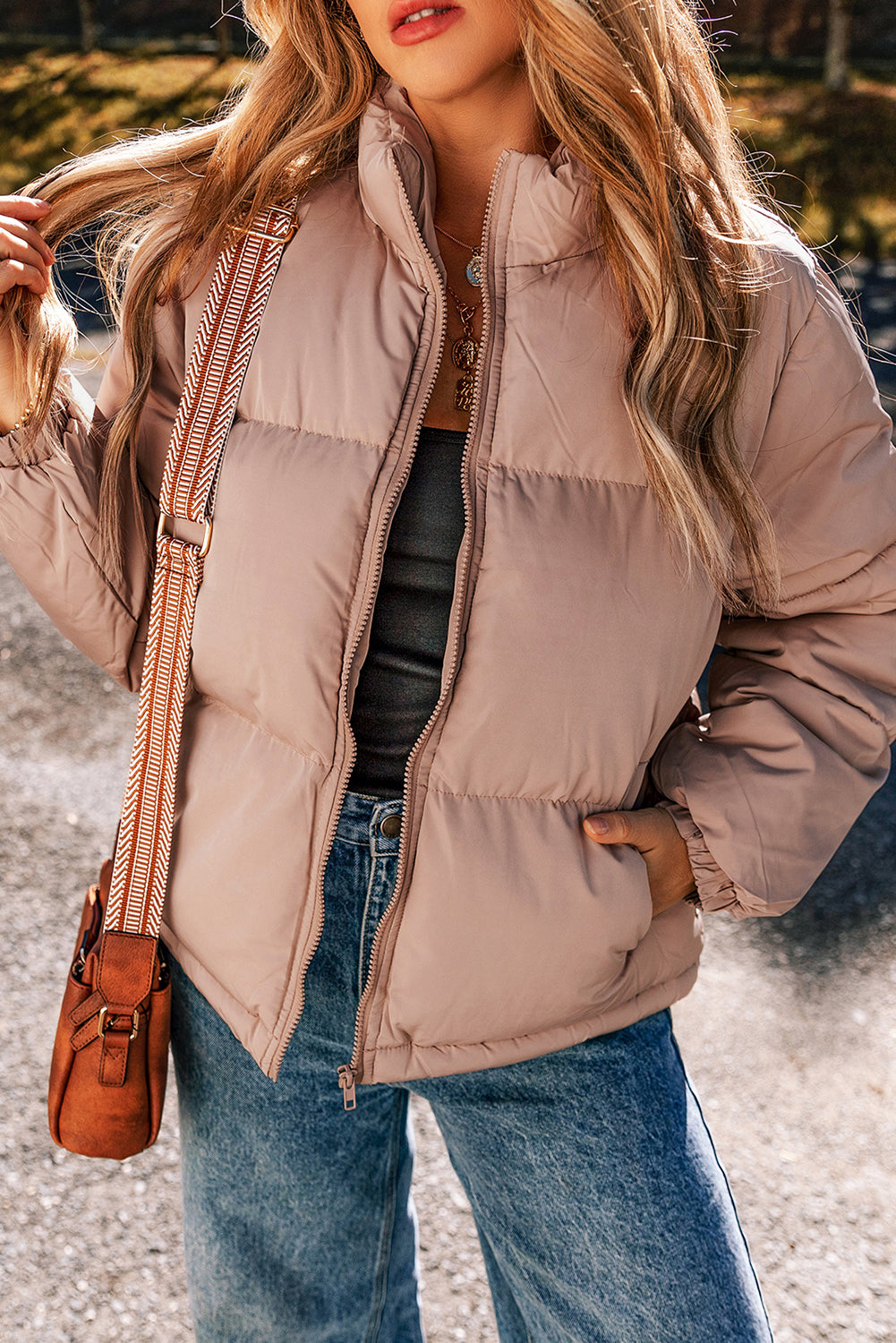 Apricot Pink Full Zipper Quilted Puffer Jacket 🇺🇲