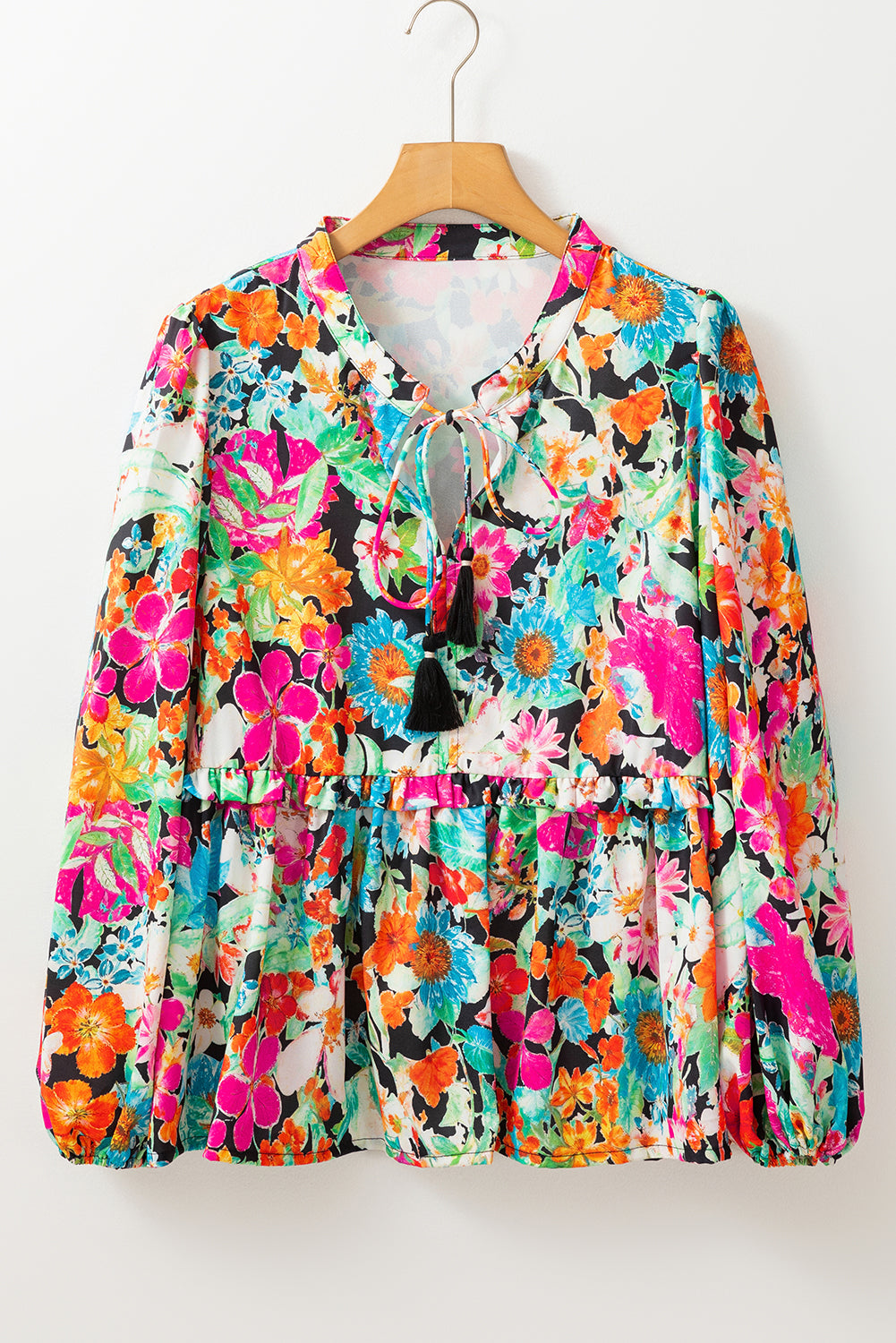 Multicolour Floral Print Bubble Sleeve V Neck Ruffled Blouse 🇺🇸