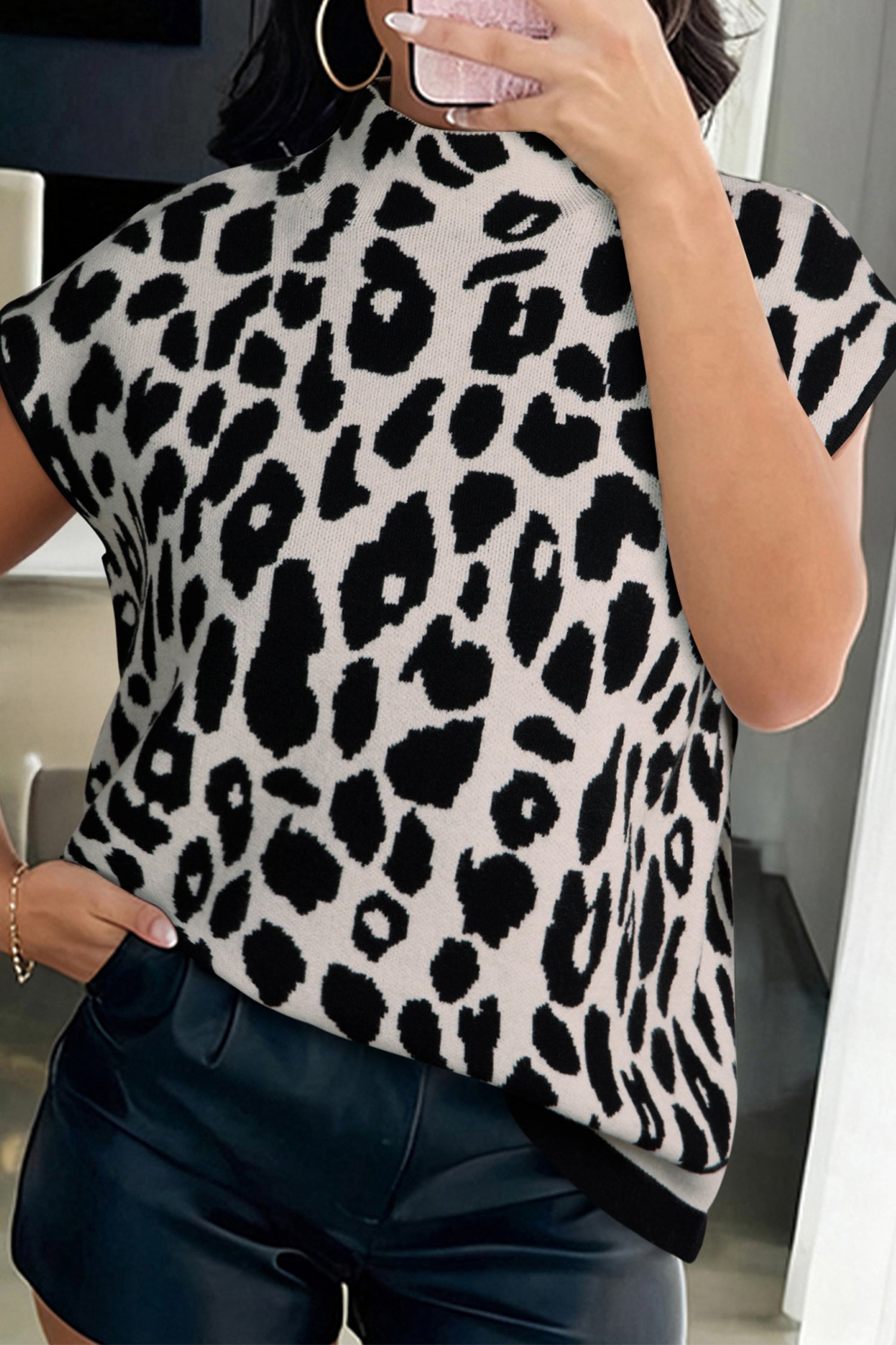 Black Leopard Print High Neck Short Sleeve Sweater 🇺🇸