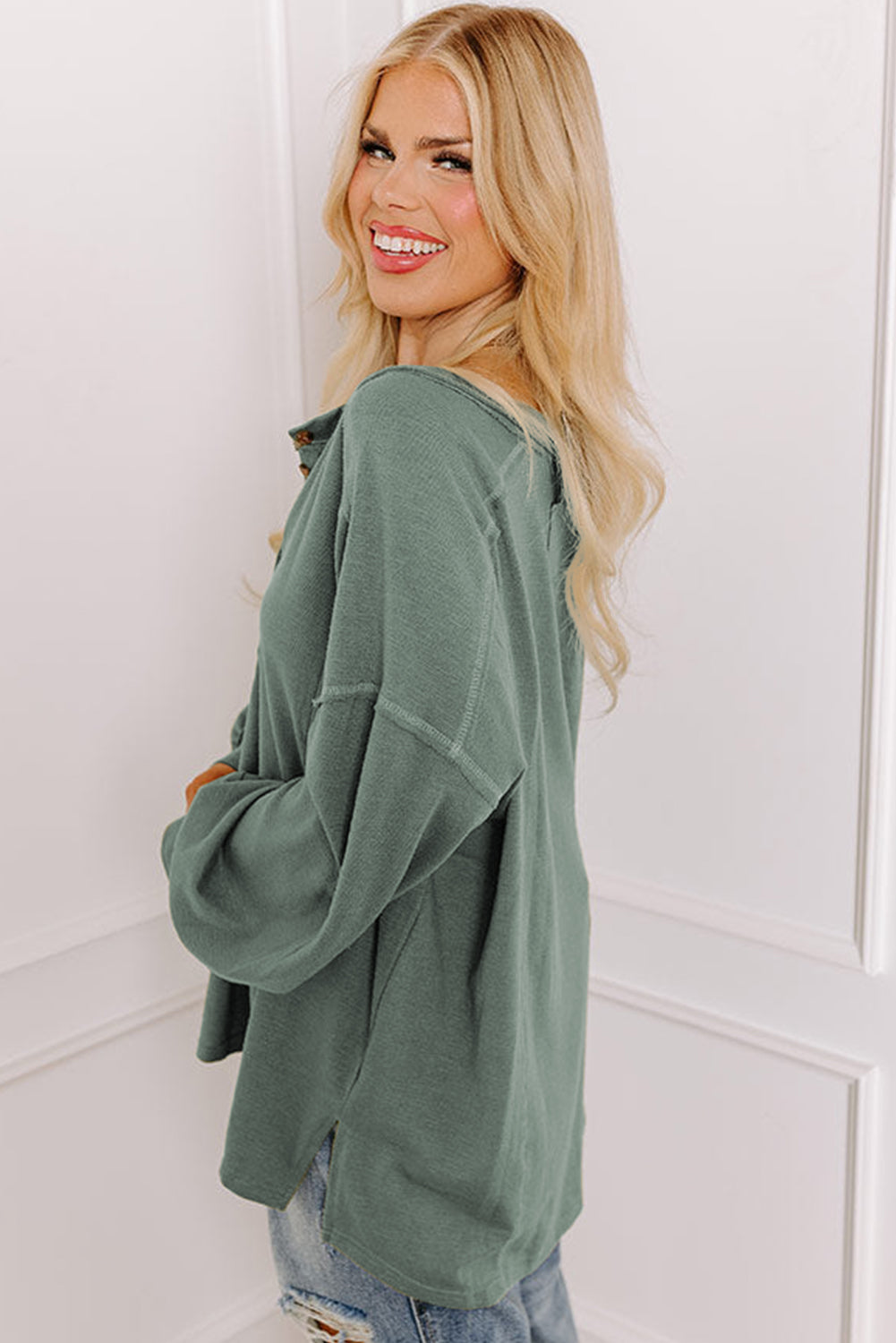 Seagrass Plus Size Exposed Seam Drop Shoulder Henley Top 🇨🇳