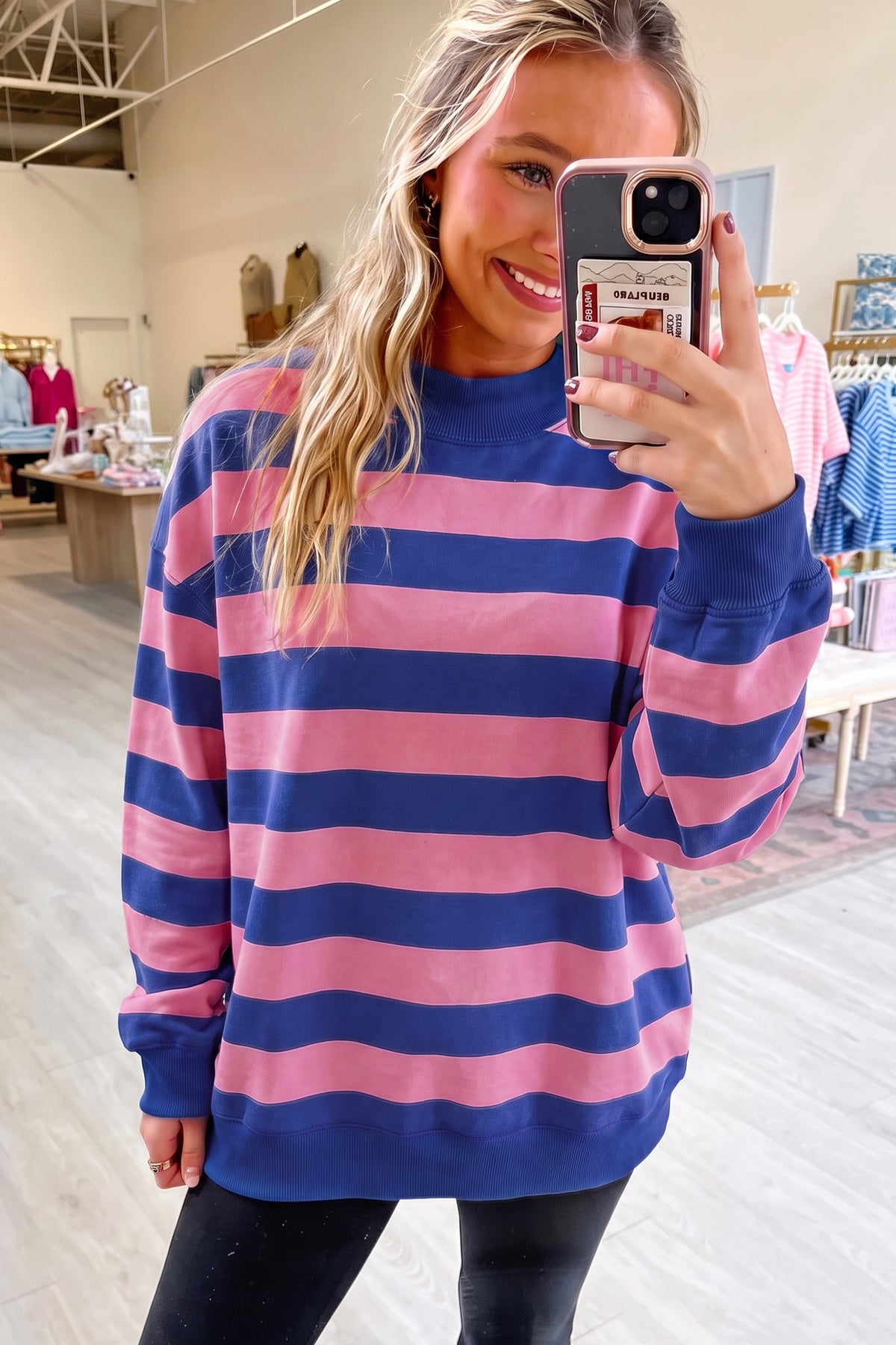 Blue Stripe Colorblock Mock Neck Relaxed Sweatshirt 🇺🇸