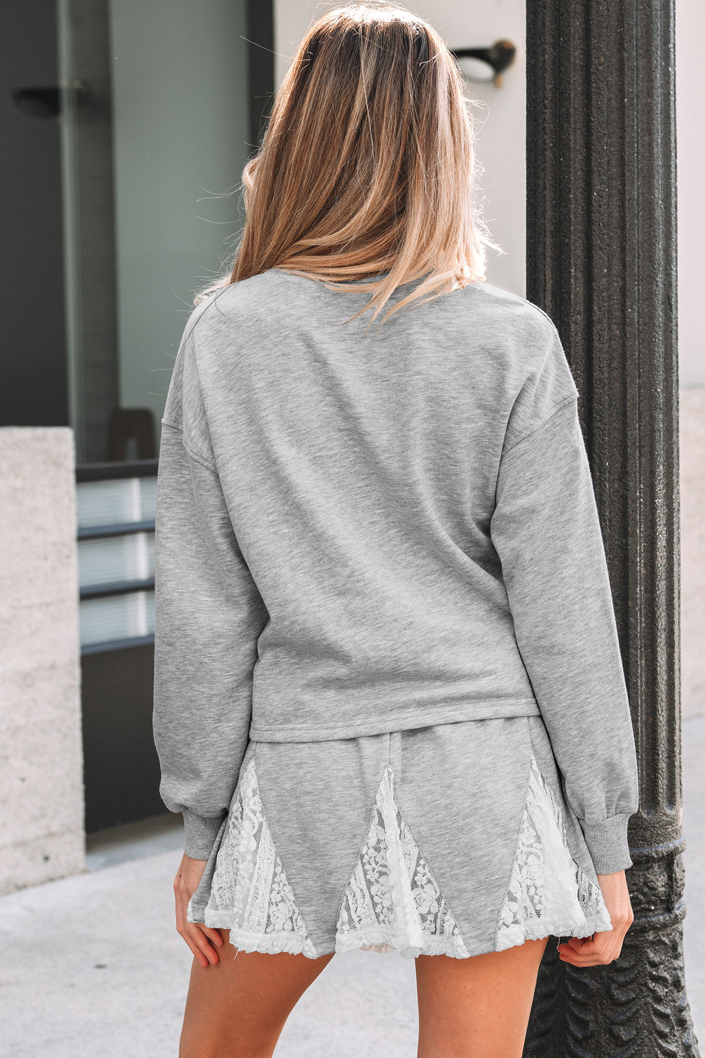 Light Grey Lace Patchwork Drop Shoulder Pullover Drawstring Skort 2pcs Outfit 🇺🇸