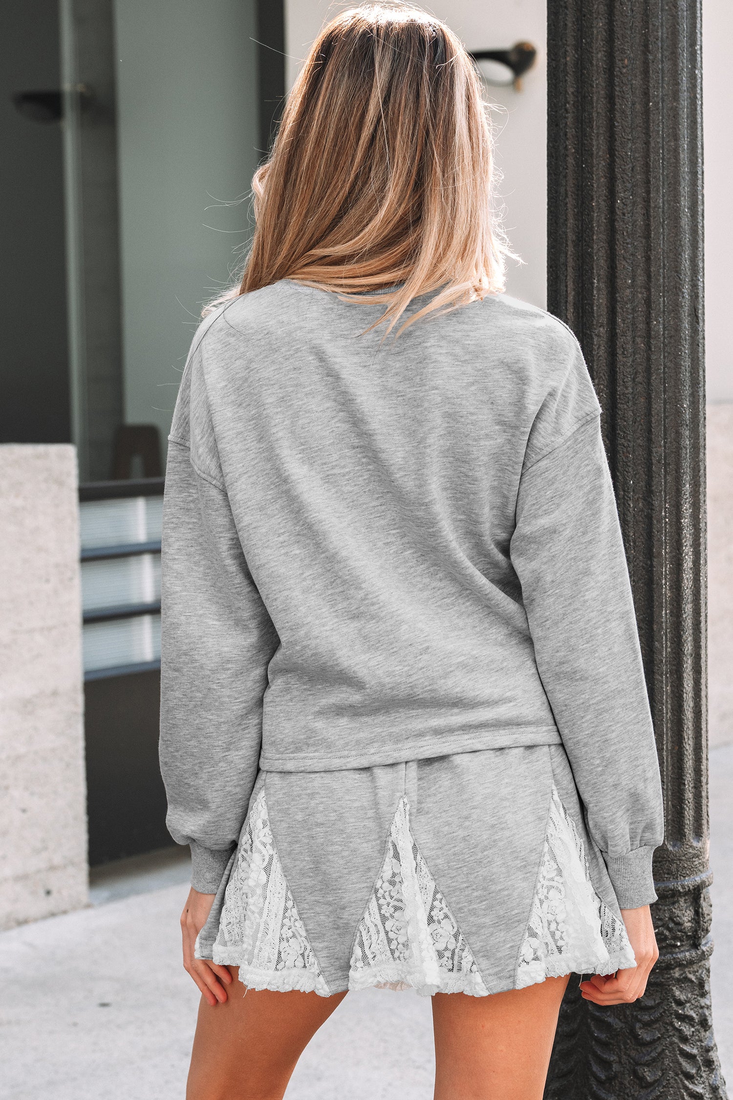 Light Grey Lace Patchwork Drop Shoulder Pullover Drawstring Skort 2pcs Outfit 🇺🇸