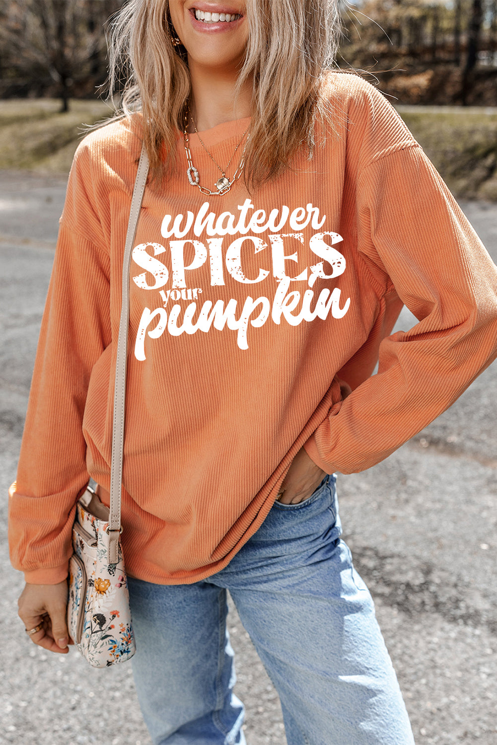 Orange Whatever Spices Your Pumpkin Graphic Corded Pullover Sweatshirt 🇺🇸
