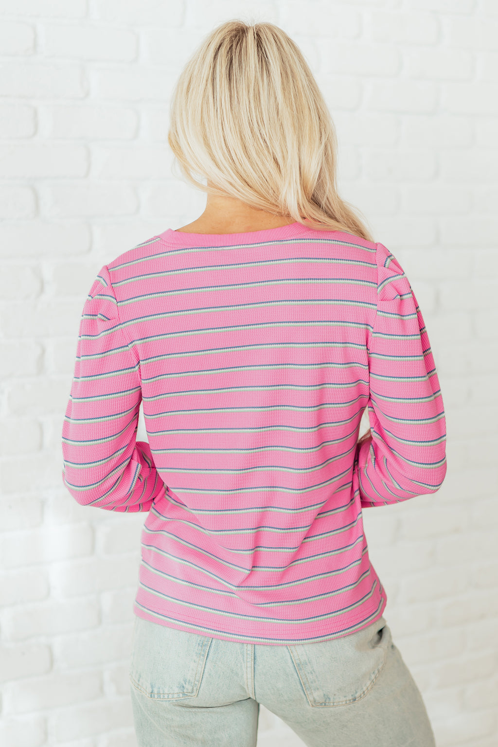 Rose Stripe Textured Knit Round Neck Long Sleeve Top 🇺🇸