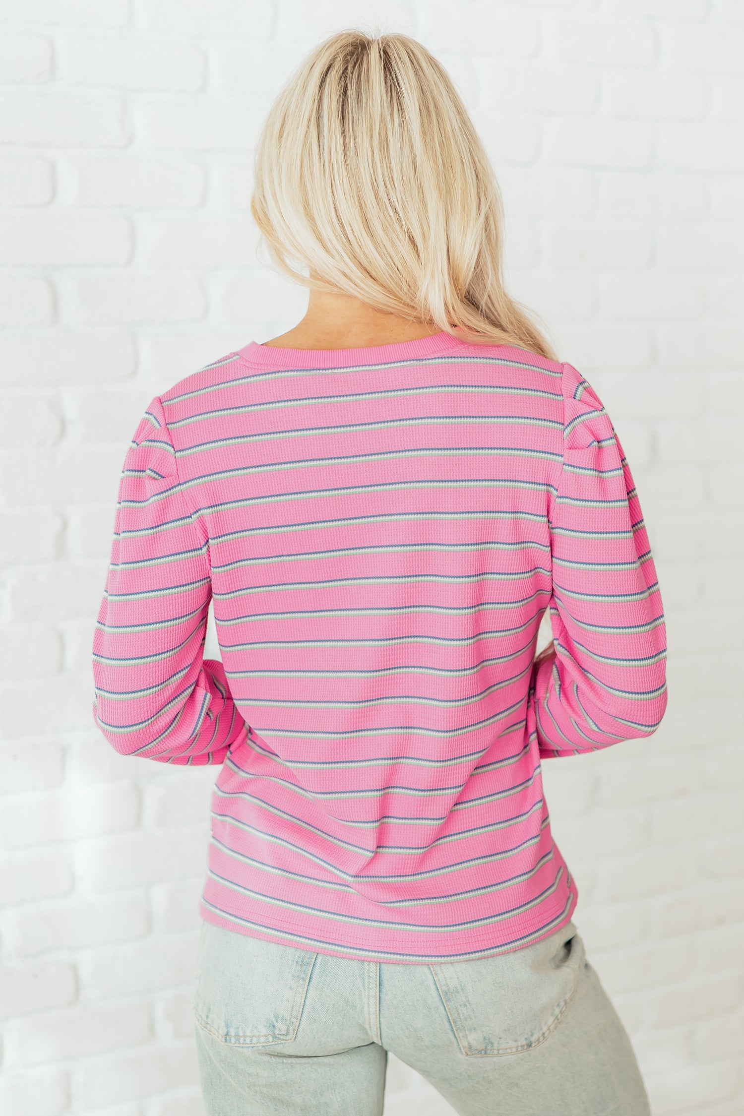 Rose Stripe Textured Knit Round Neck Long Sleeve Top 🇺🇸